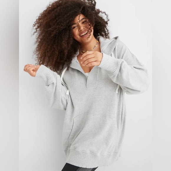 Aerie Down‑To‑Earth Henley Hoodie Oversized Gray Sweatshirt — XS - Picture 2 of 13